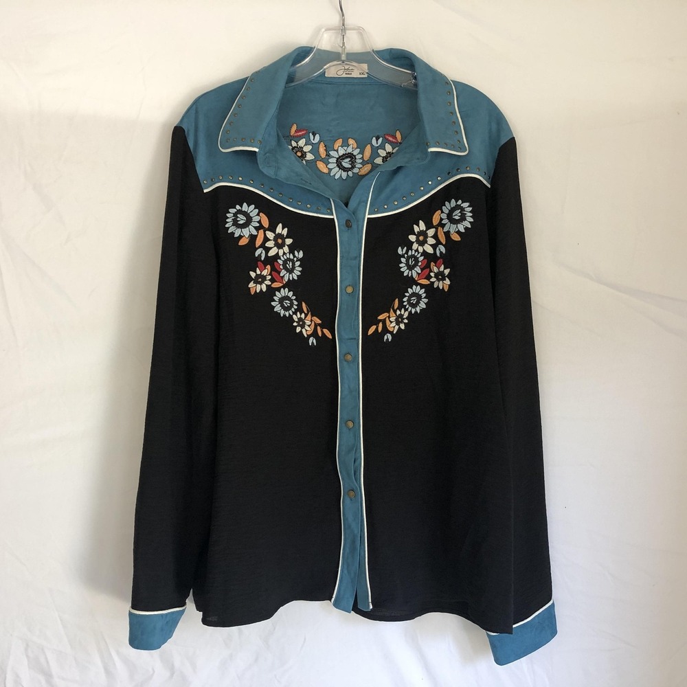 John Moon Shirt Womens XXL Black Western Fringe Embroidered Floral Snap